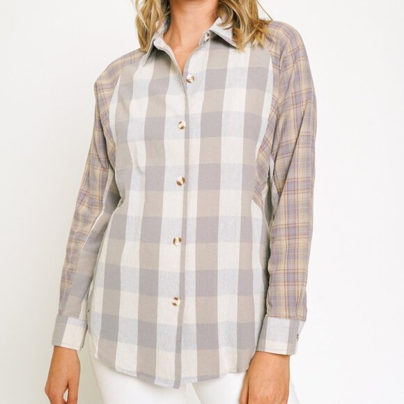 MYSTREE Plaid Button Down Shirt, Neutral Grey Beige Mix, Long Sleeve Oversized - Picture 1 of 6